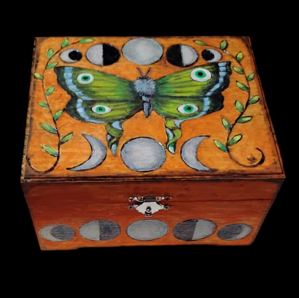 The Moth and the Moon hand painted jewelry box with the art of pyrography